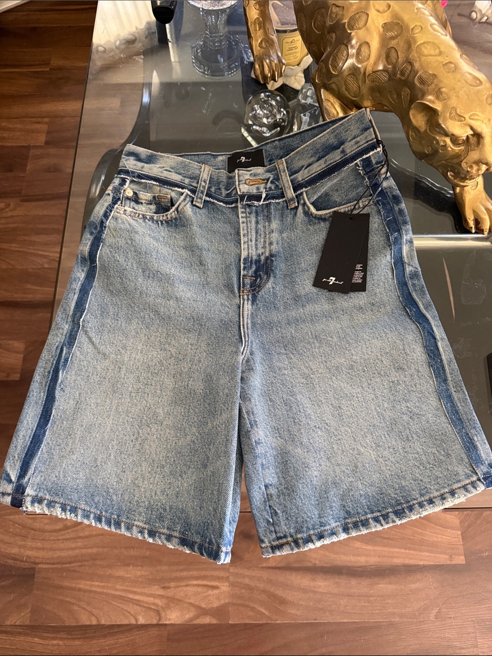 7 For All Mankind Light Blue Denim Shorts with Dark Blue Side Stripe